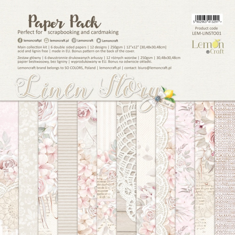 Linen Story - Zestaw papierów do scrapbookingu 30x30cm - Lemoncraft