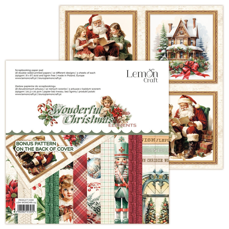 Wonderful Christmas Elements - Elementy do wycinania - Bloczek papierów do scrapbookingu 20.3x20.3cm - Lemoncraft